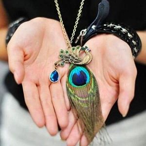 Vintage Peacock Feather Pendant w/Long Chain